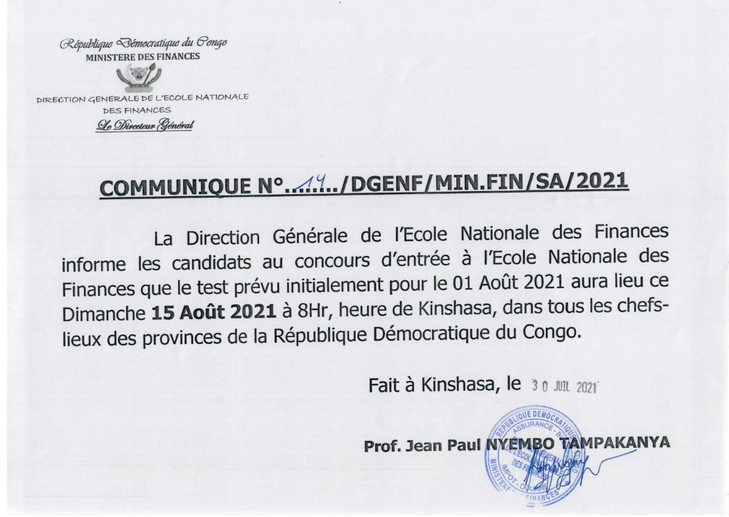 communiqué DGENF du ministère des finances, en RDC